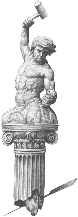 Gravure d’un homme taillant sa propre statue, au sommet d’une colonne